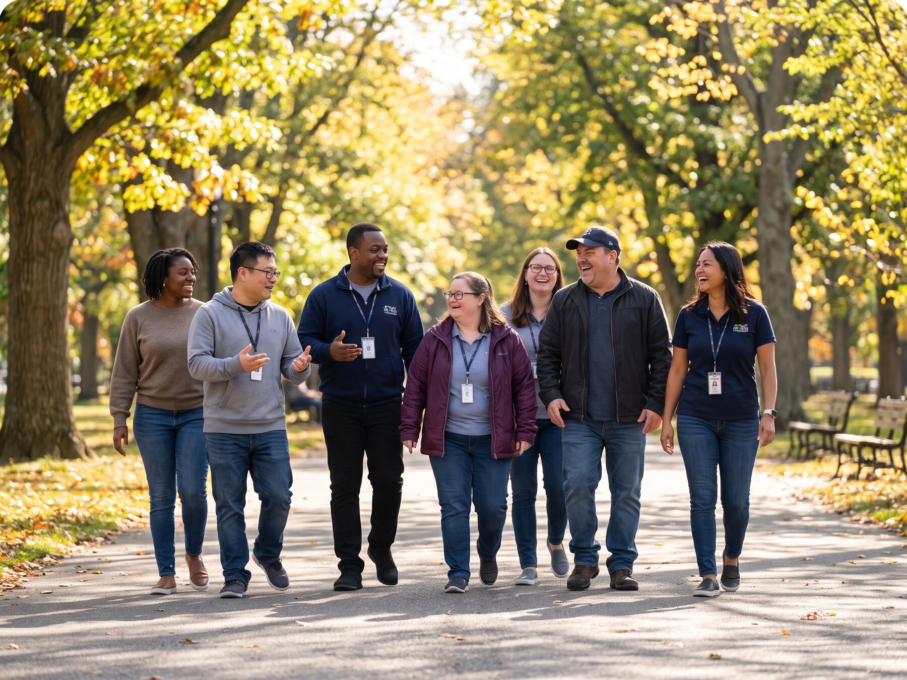 Participants and staff walking together in a park
