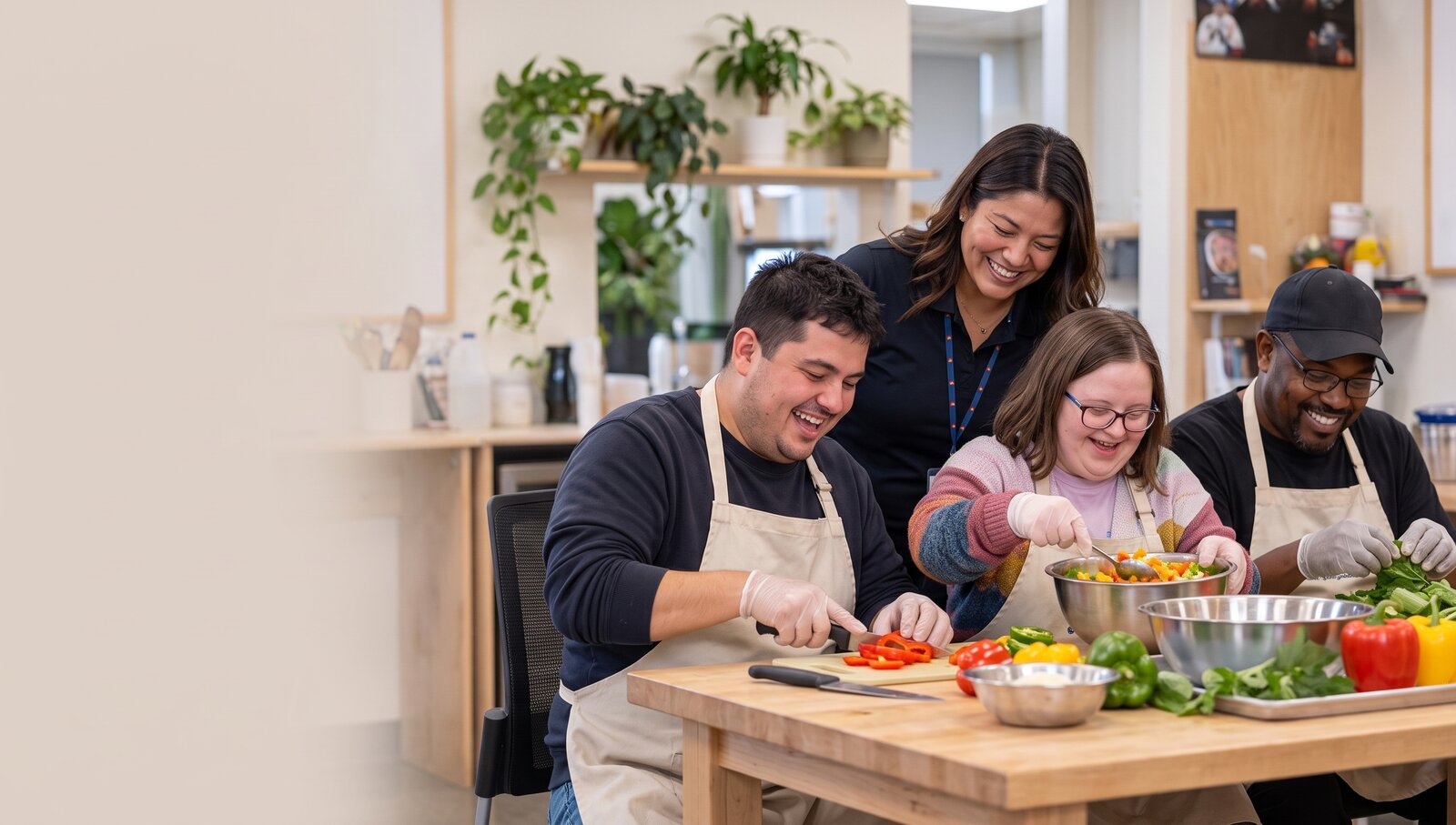 Participants cooking together with a staff member in a bright kitchen