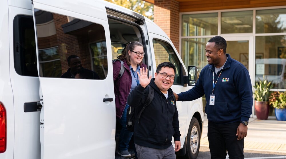 A staff member helps participants step out of the program van