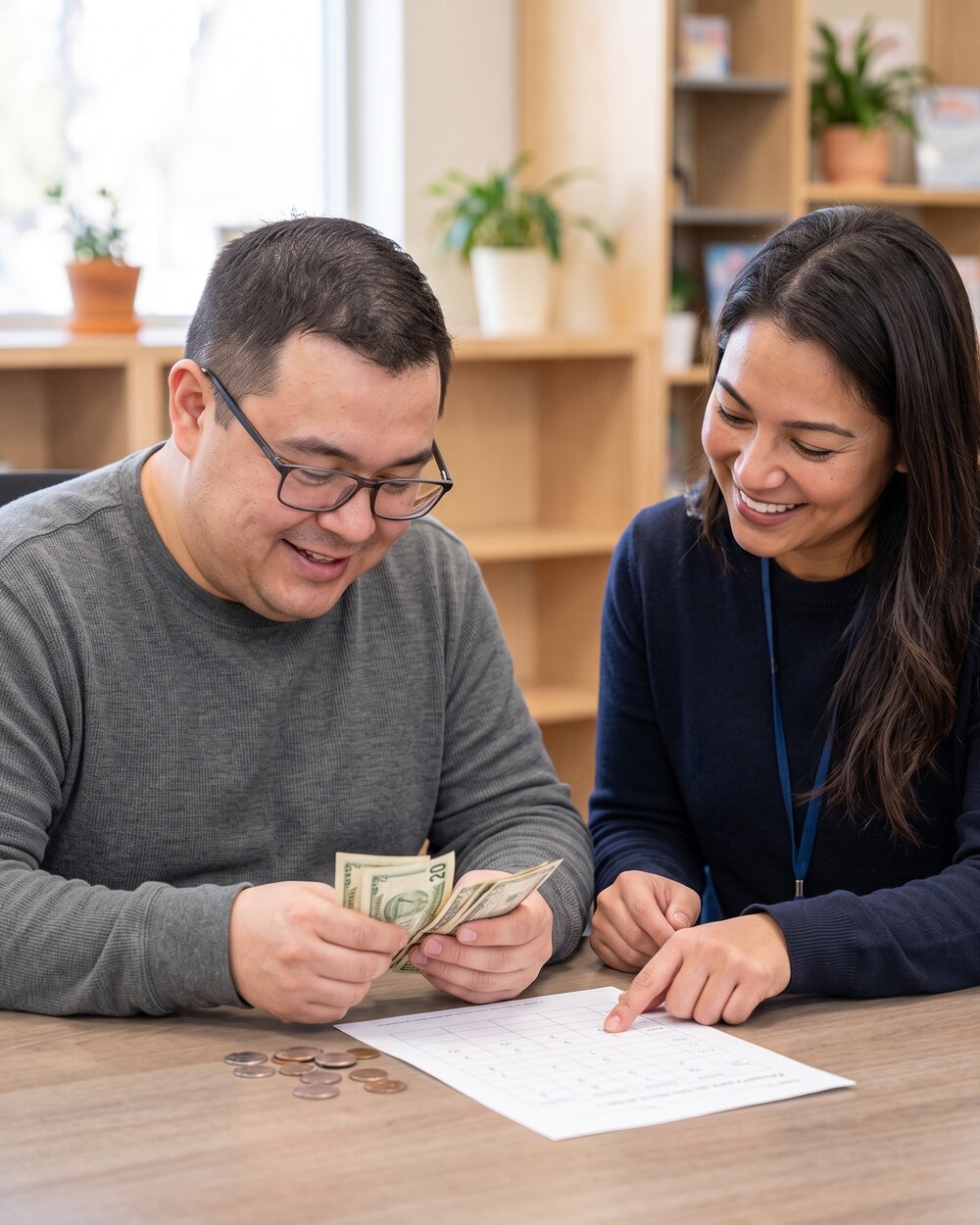 A participant practicing money skills with a staff member
